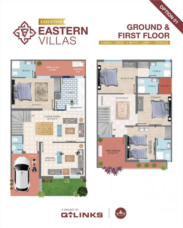 Q Links eastern executive villas bahria orchard lahore ground and 1st floor plan option with four bed