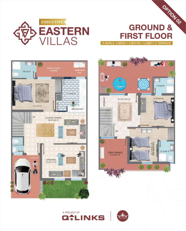q links eastern executive villas bahria orchard lahore ground and 1st floor plan option with three bed